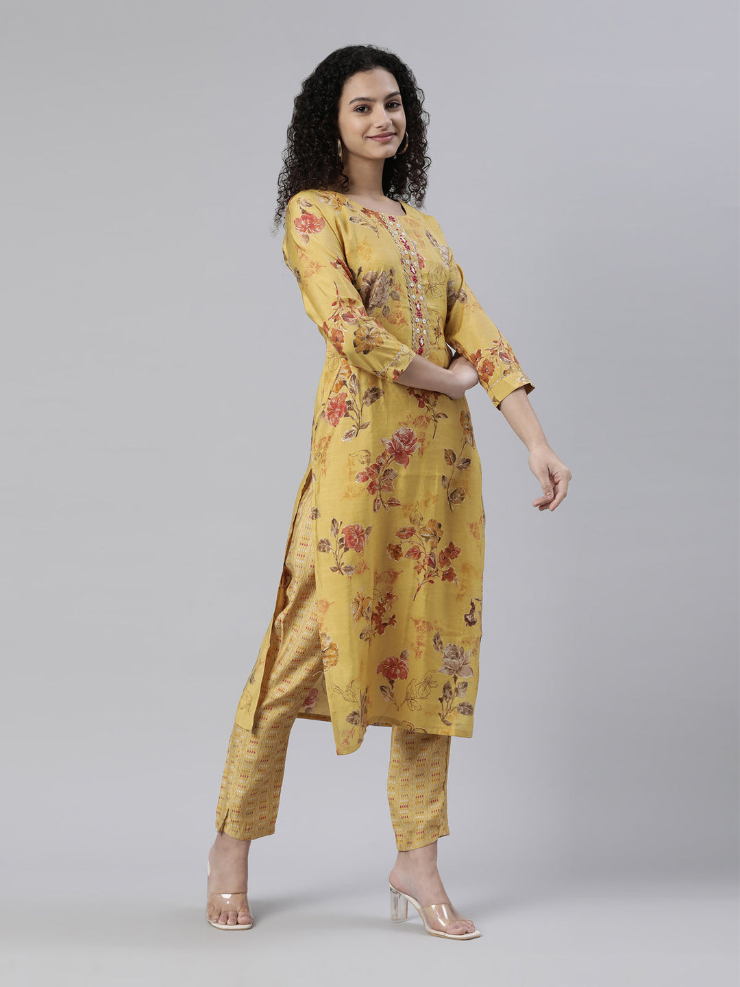 Neerus Yellow jute cotton printed kurta set with trousers and dupatta - back view