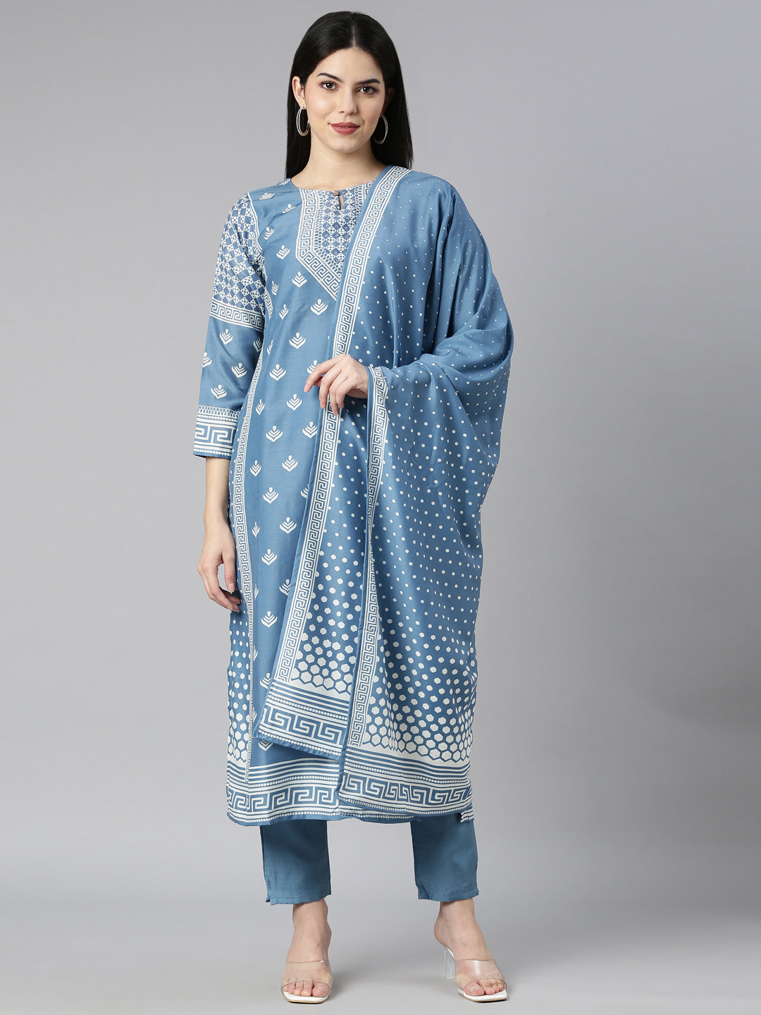 Neerus Blue floral printed kurta set - front view