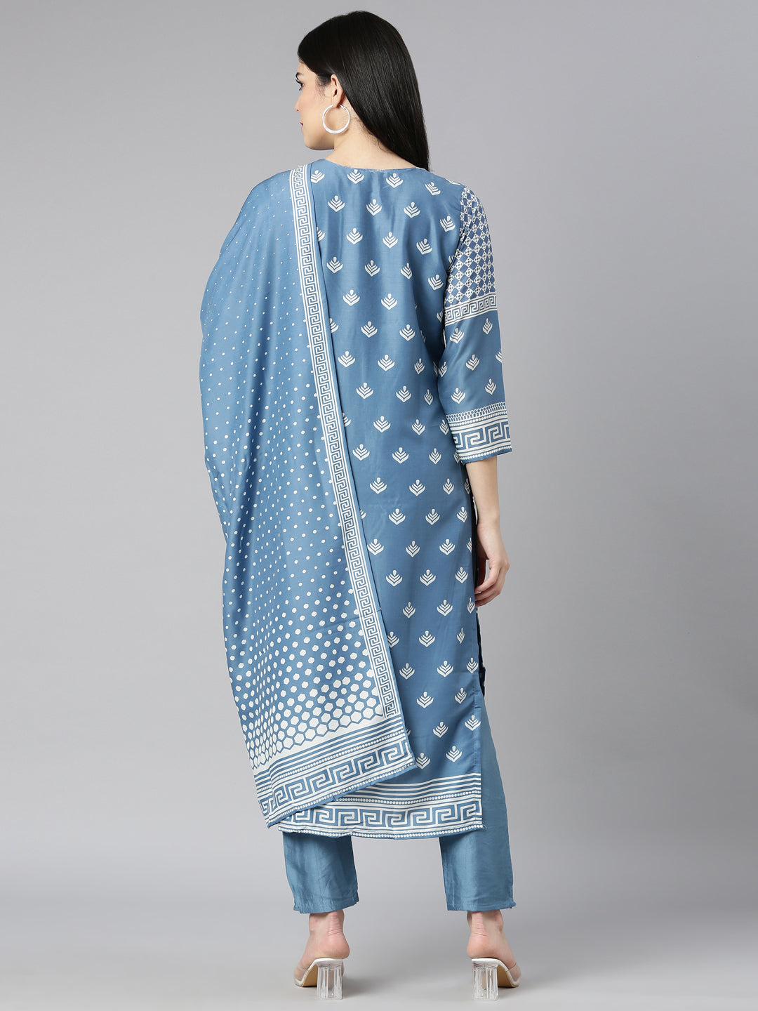 Neerus Blue floral printed kurta set - side view