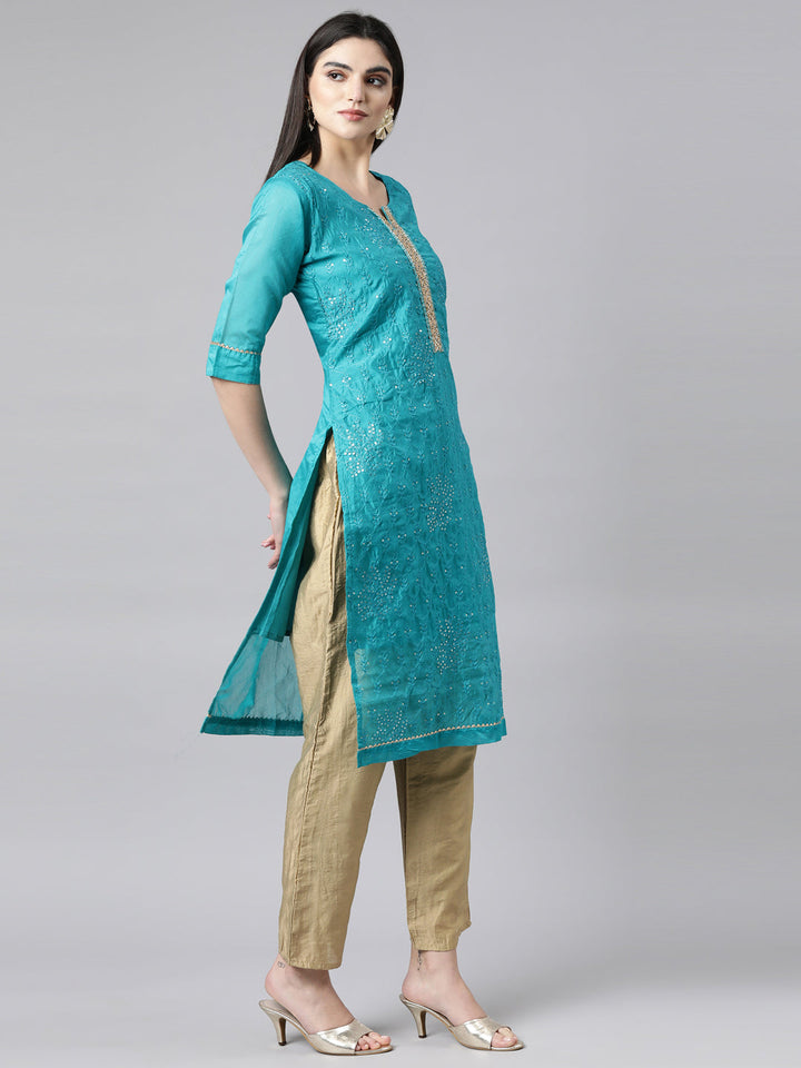 Neerus Blue printed floral suit set straight kurta with trouser and dupatta - back view