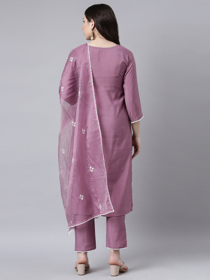 Neerus Purple floral printed straight suit set - side view