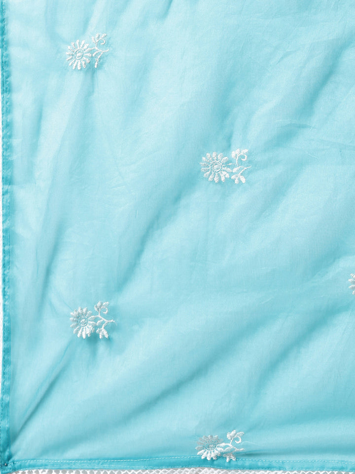 Neerus Blue printed floral suit set straight kurta with trouser and dupatta - detail view 4