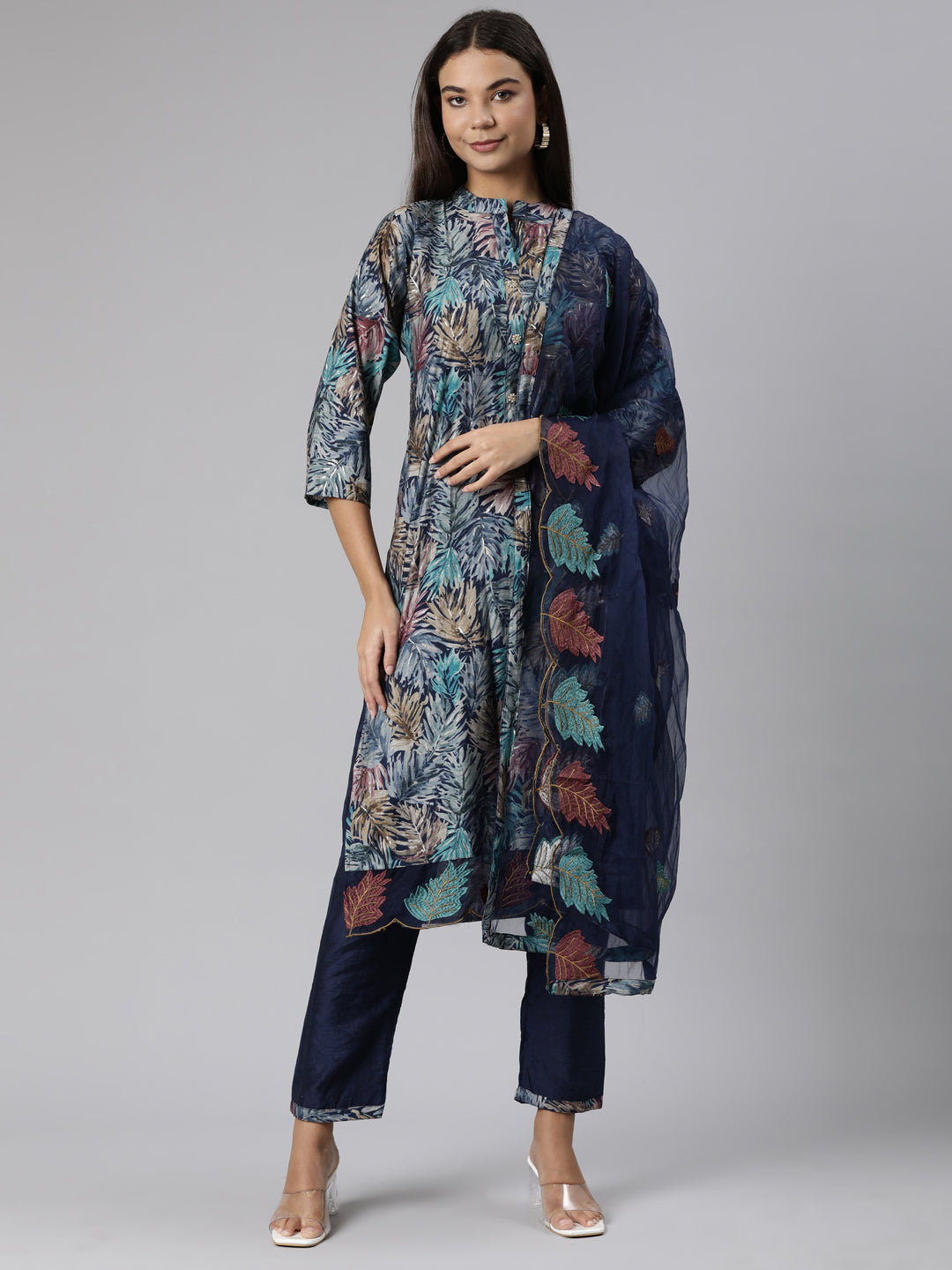 Neerus Blue cotton printed straight suit set - front view