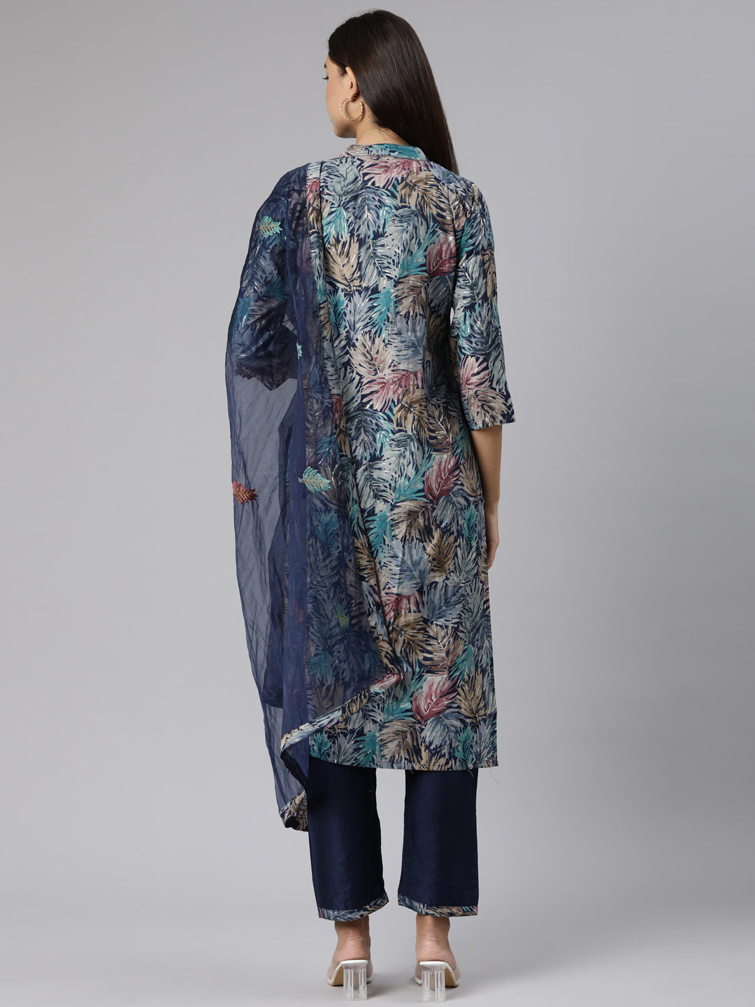 Neerus Blue cotton printed straight suit set - side view