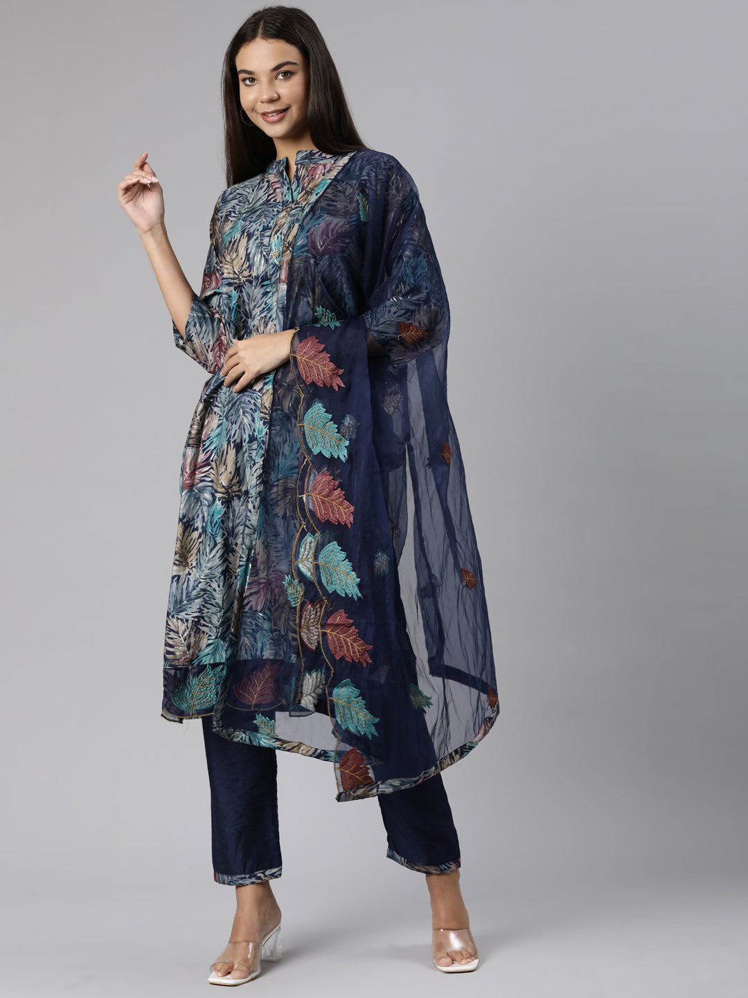 Neerus Blue cotton printed straight suit set - detail view 2