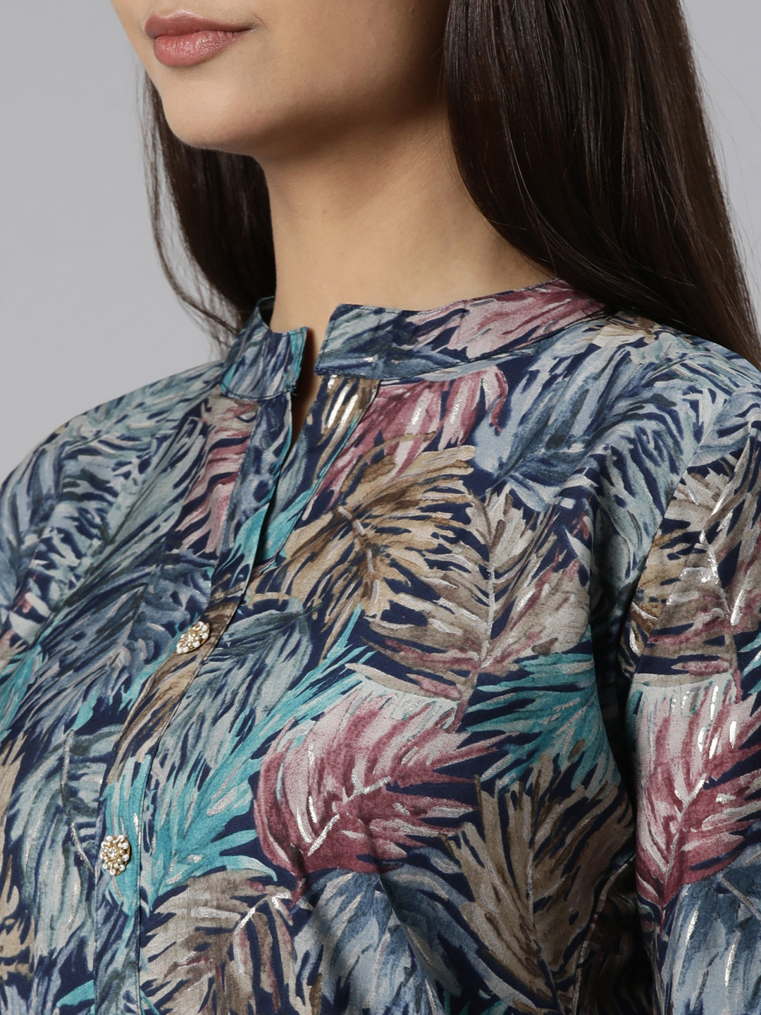 Neerus Blue cotton printed straight suit set - detail view 1