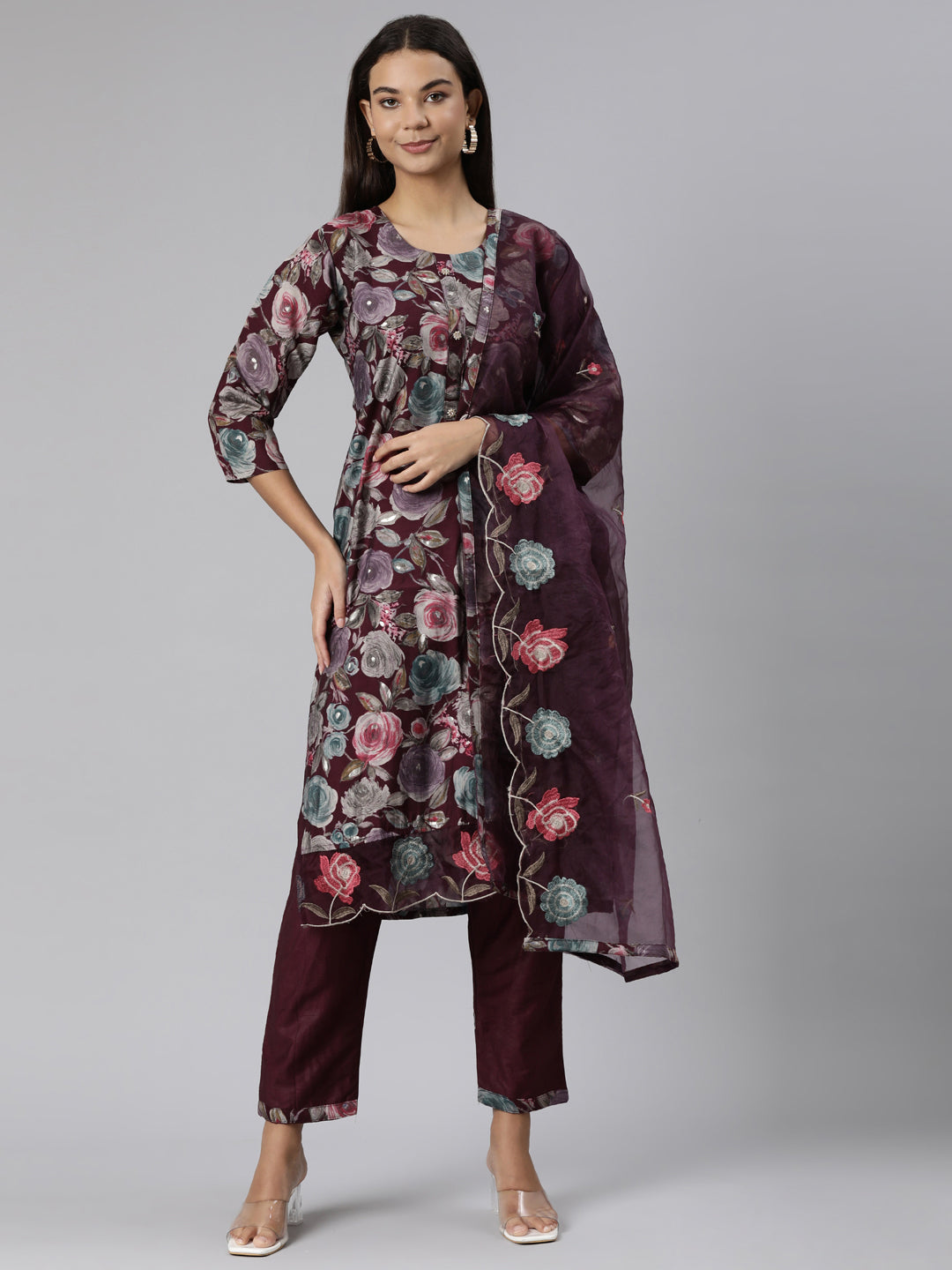 Neerus Purple printed floral suit set - front view