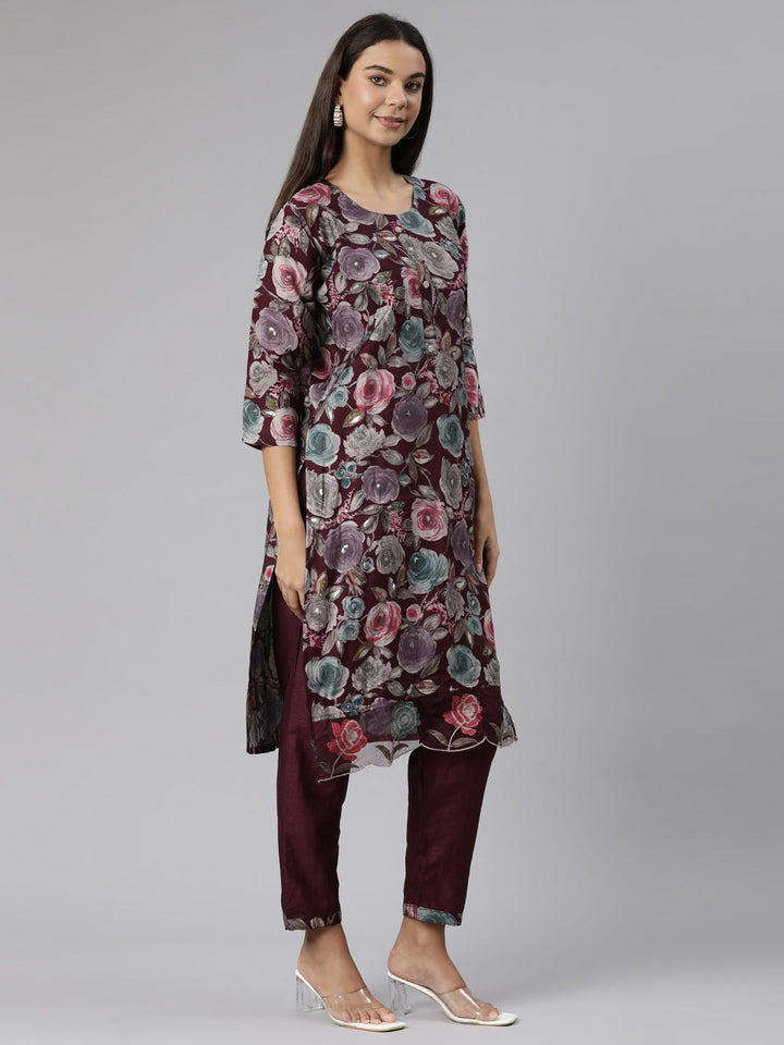 Neerus Purple printed floral suit set - back view