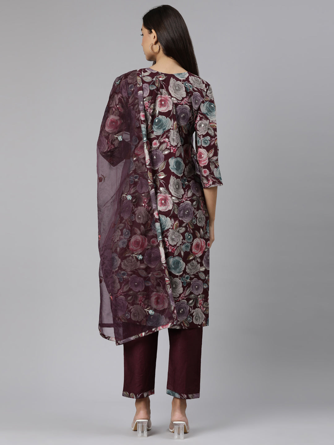 Neerus Purple printed floral suit set - side view