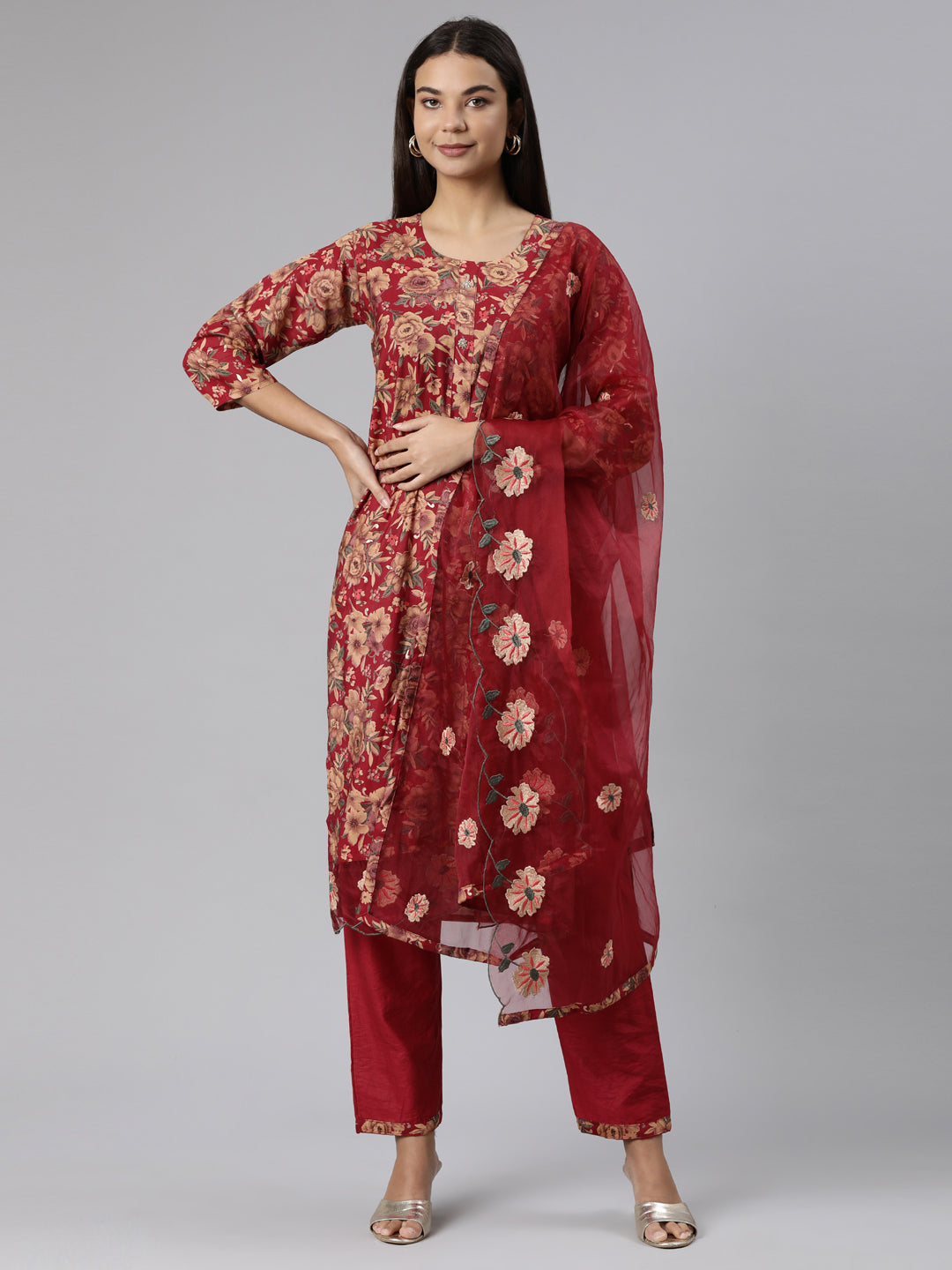 Neerus Maroon printed floral suit set - front view