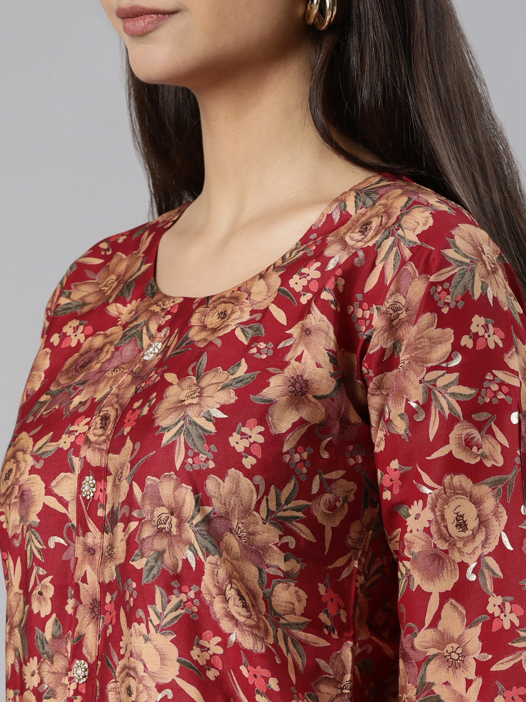 Neerus Maroon printed floral suit set - detail view 1