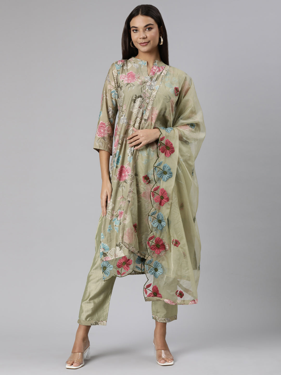 Neerus Green printed floral straight suit set - front view