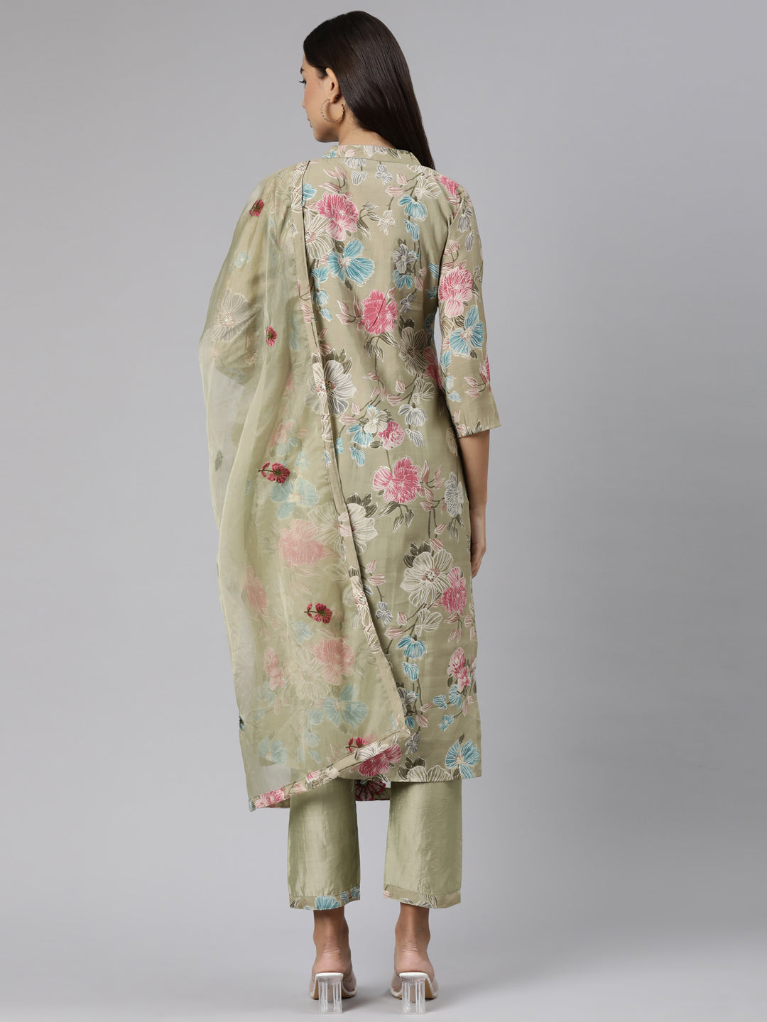Neerus Green printed floral straight suit set - side view