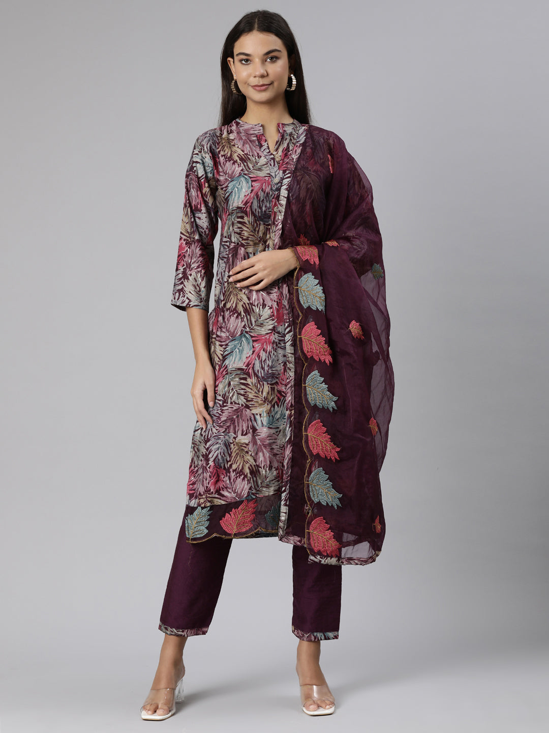 Neerus Purple printed ethnic suit set - front view