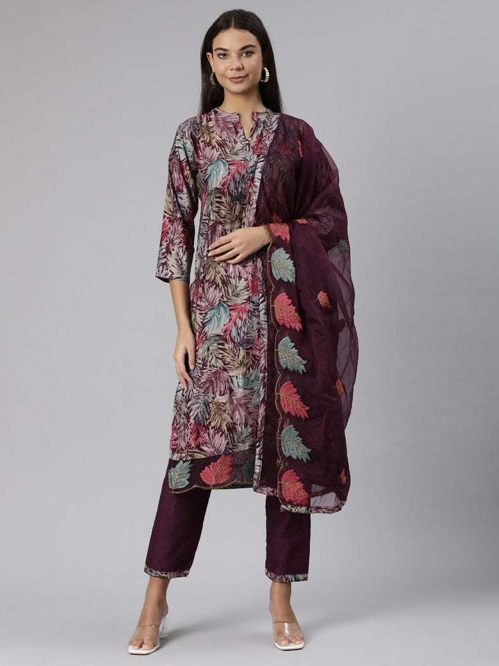 Neerus Purple printed ethnic suit set - front view