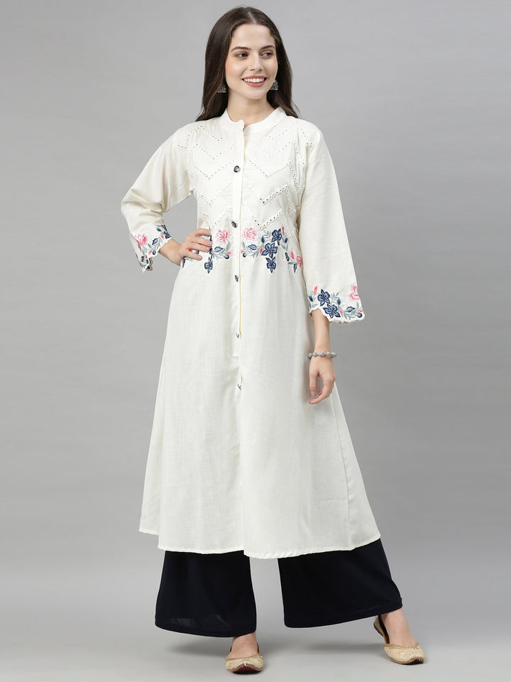 Neerus White embroidered A-line kurta - front view