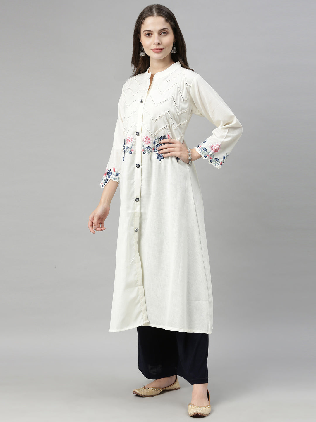Neerus White embroidered A-line kurta - back view