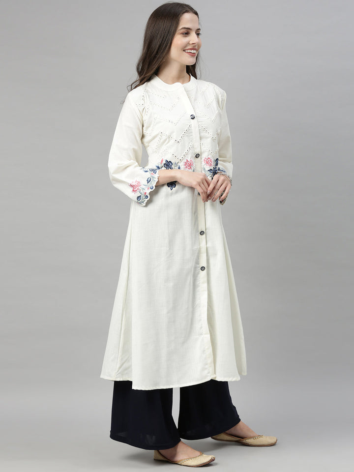 Neerus White embroidered A-line kurta - side view