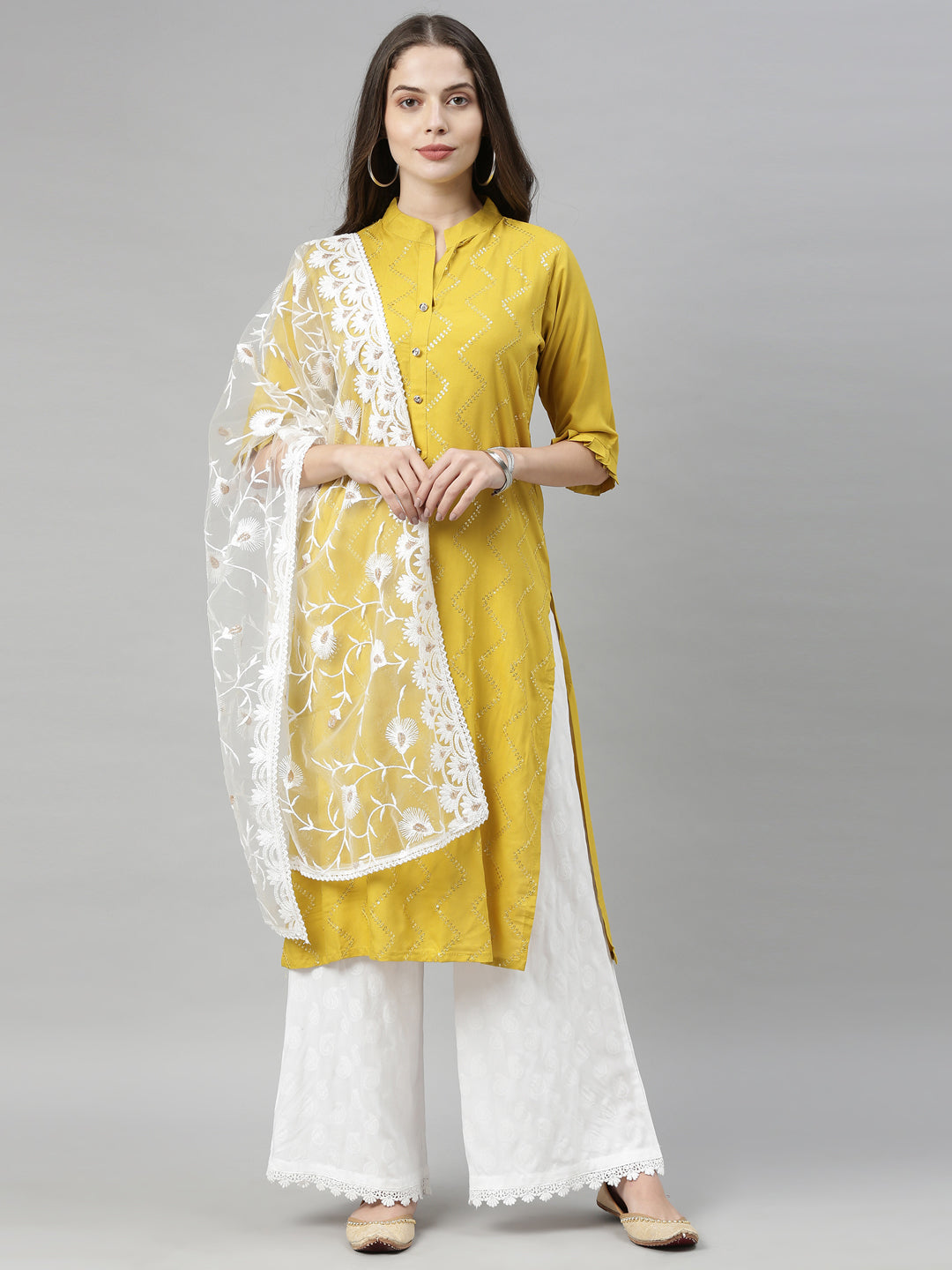 Neerus Yellow Viscose Rayon Embellished Straight Kurti - detail view 6