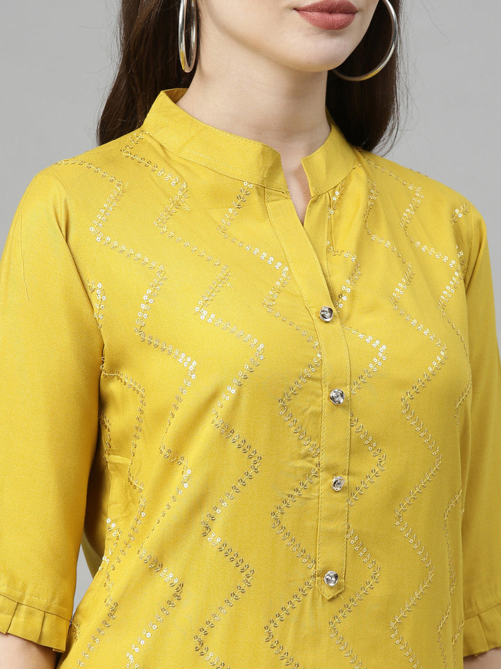 Neerus Yellow Viscose Rayon Embellished Straight Kurti - back view