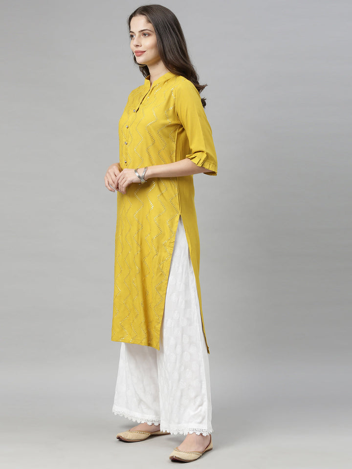 Neerus Yellow Viscose Rayon Embellished Straight Kurti - detail view 2