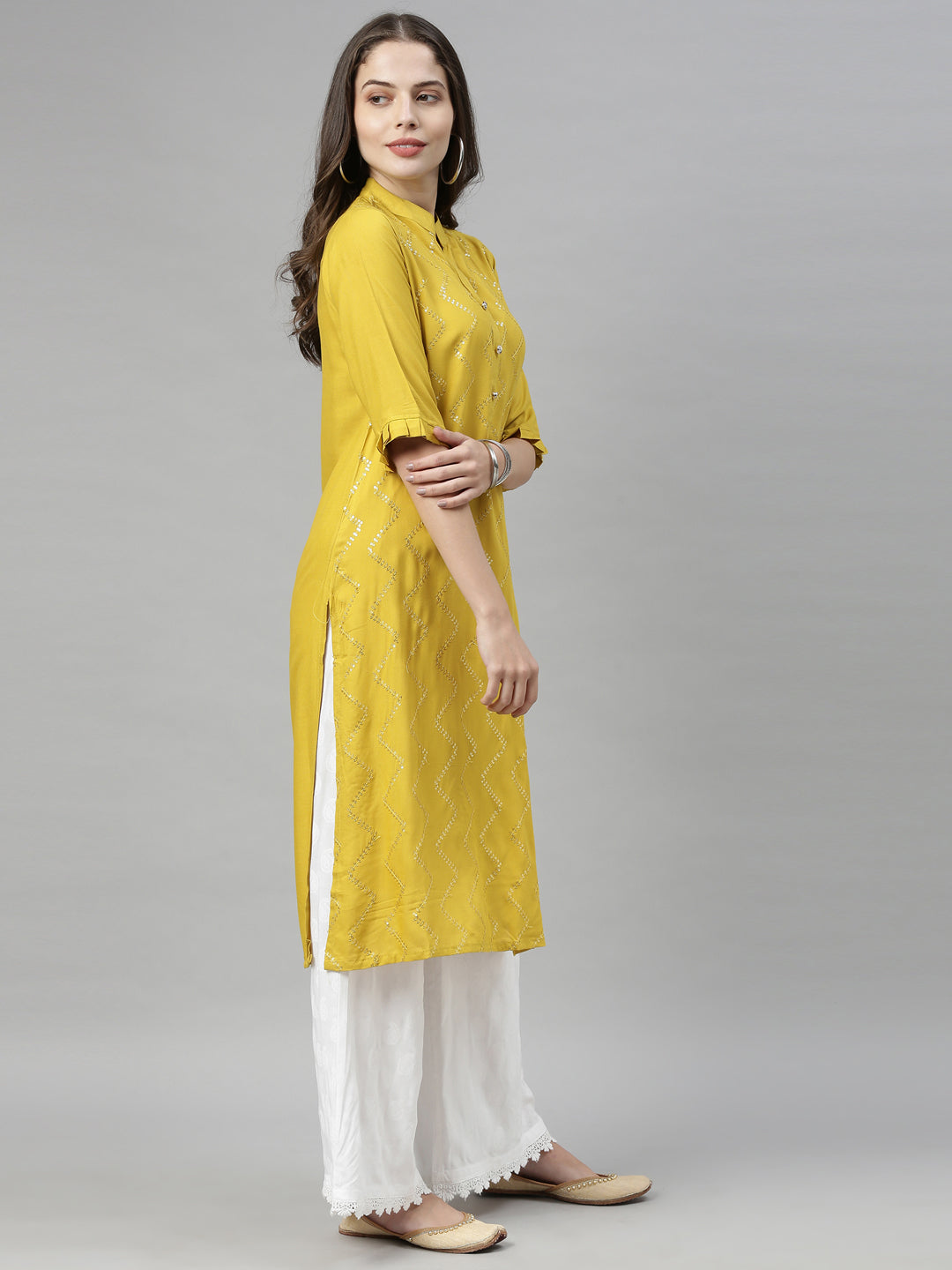 Neerus Yellow Viscose Rayon Embellished Straight Kurti - detail view 3