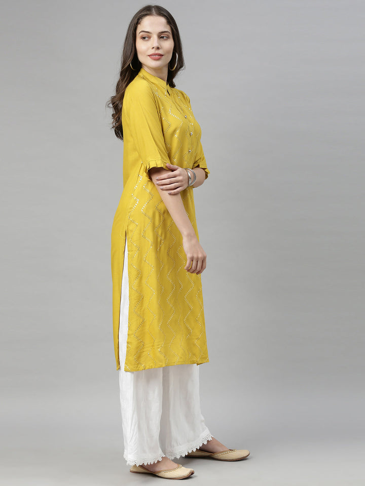 Neerus Yellow Viscose Rayon Embellished Straight Kurti - detail view 3