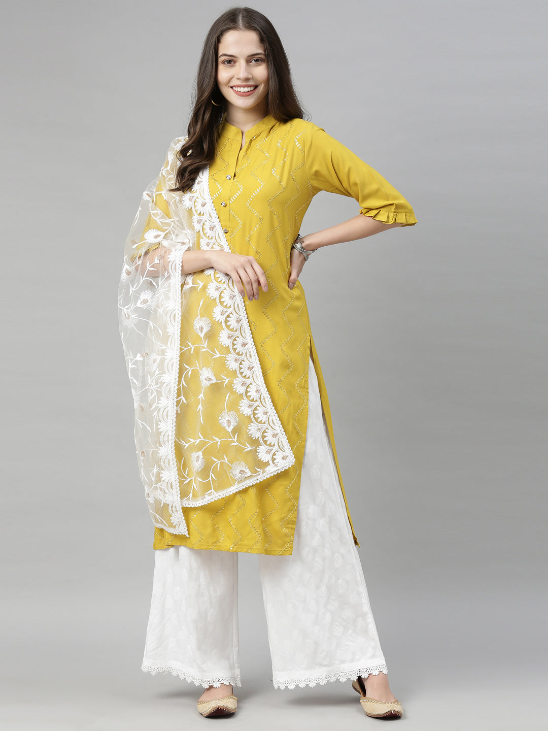 Neerus Yellow Viscose Rayon Embellished Straight Kurti - front view