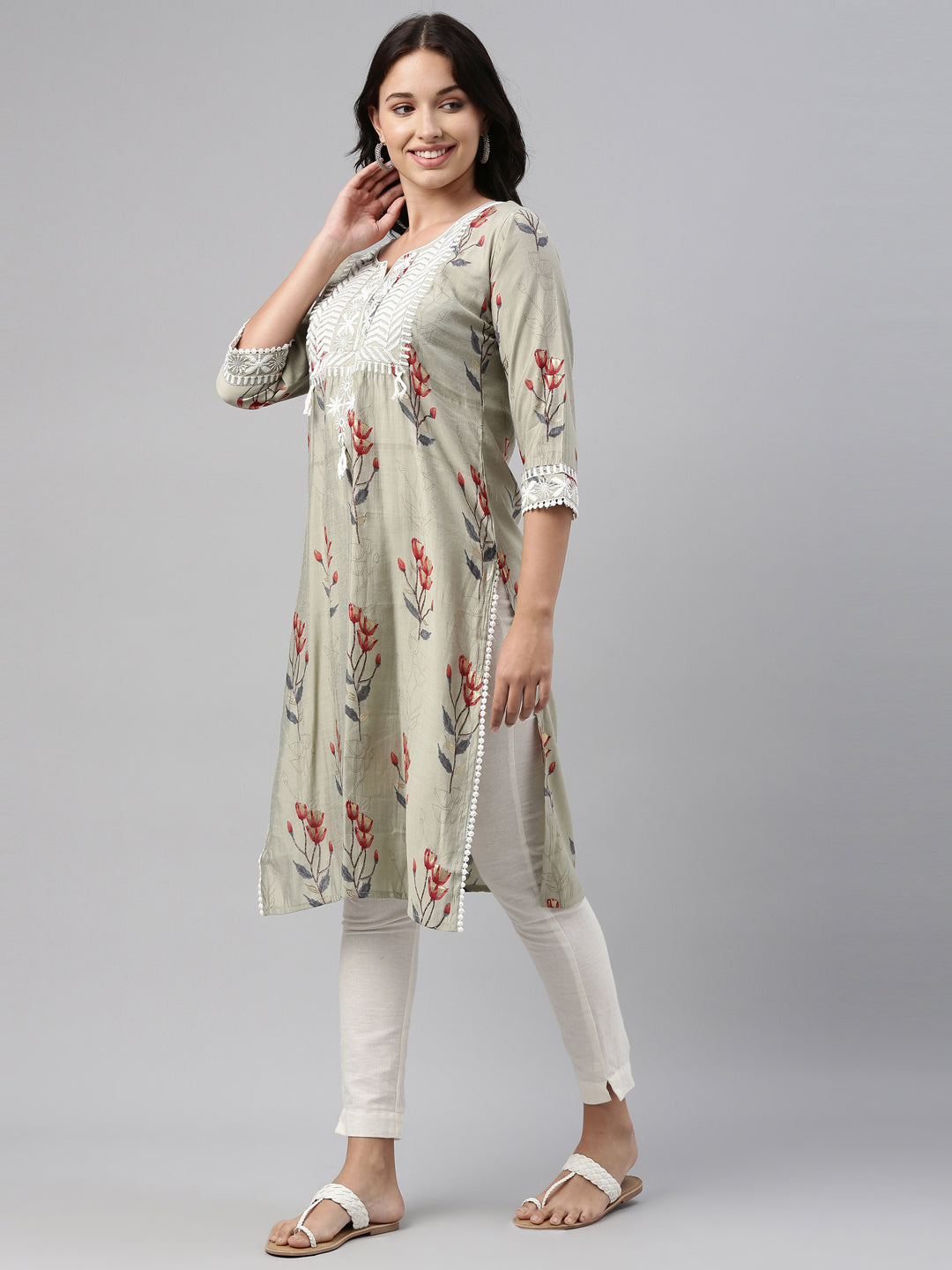 Neerus Grey muslin solid kurti - front view