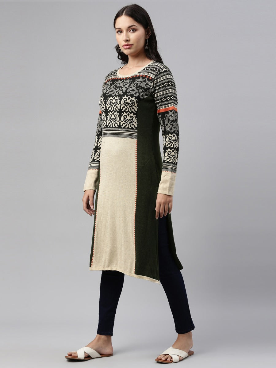 Neerus Yellow acrylic printed straight kurti - detail view 1