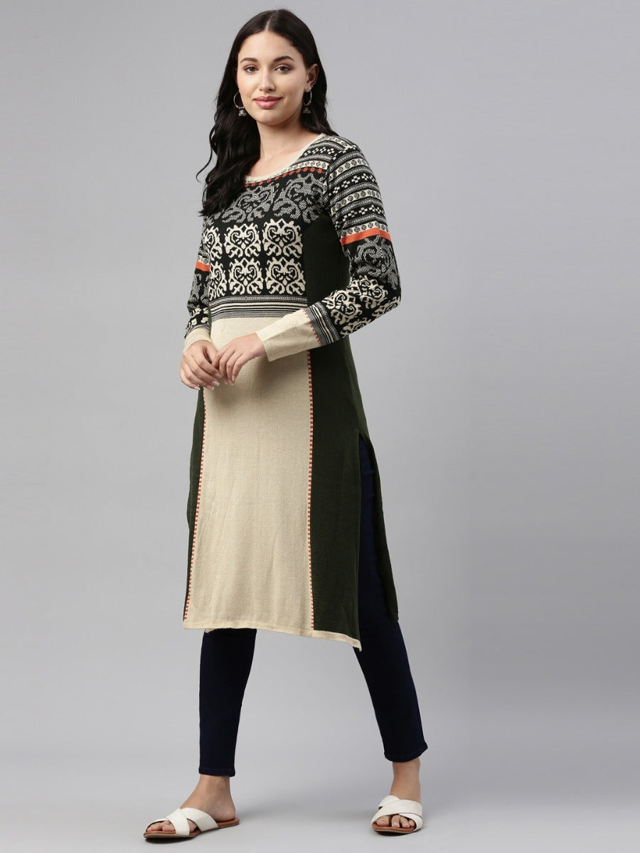 Neerus Yellow acrylic printed straight kurti - front view