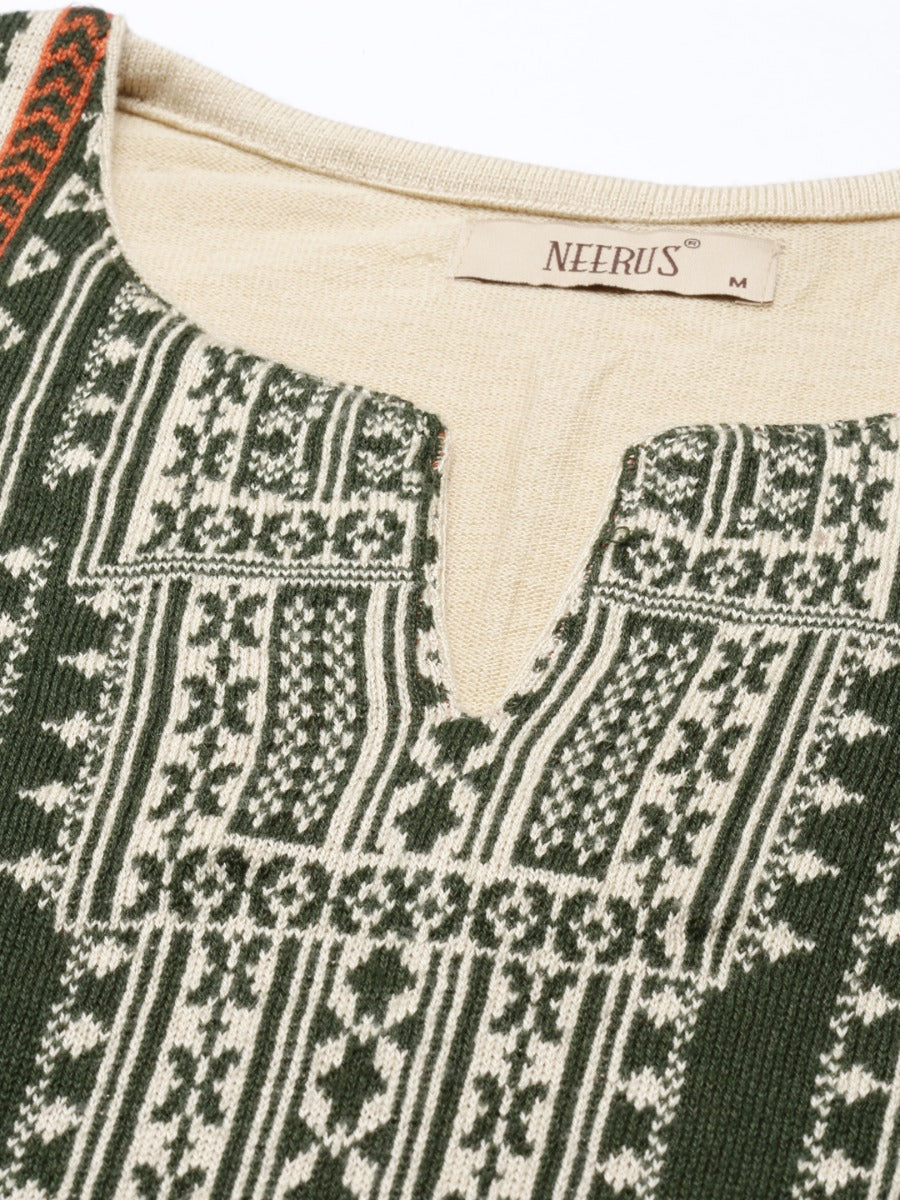 Neerus Beige acrylic woven geometric kurti - detail view 1