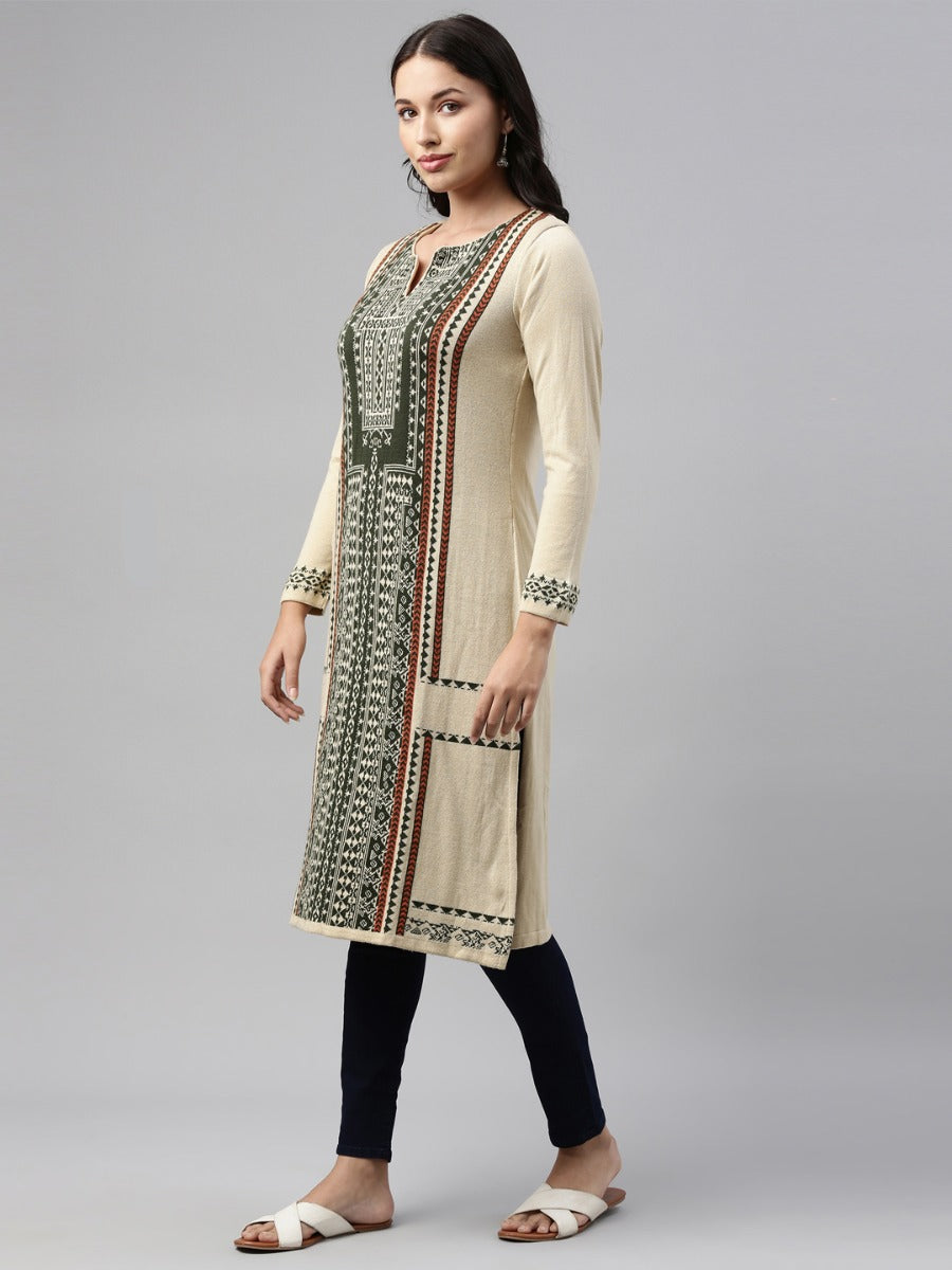 Neerus Beige acrylic woven geometric kurti - detail view 3