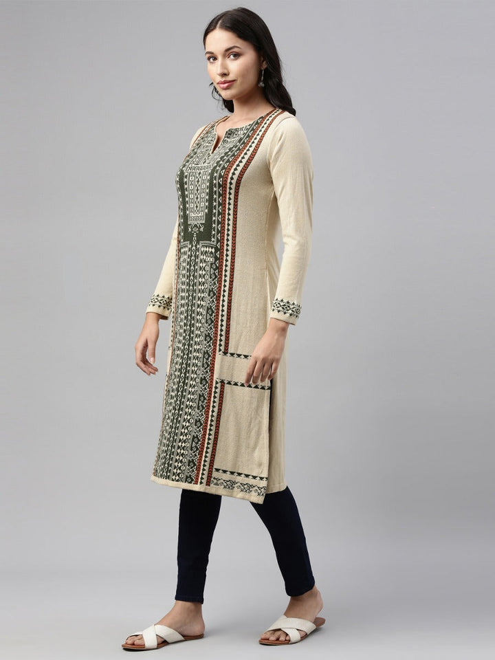 Neerus Beige acrylic woven geometric kurti - detail view 3