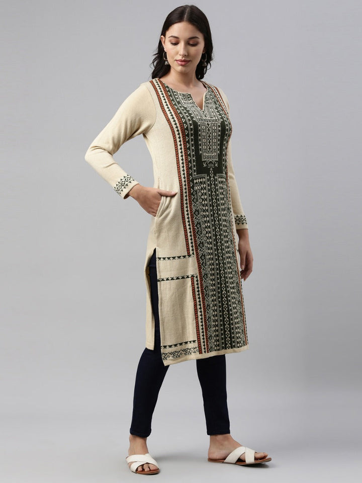 Neerus Beige acrylic woven geometric kurti - detail view 4