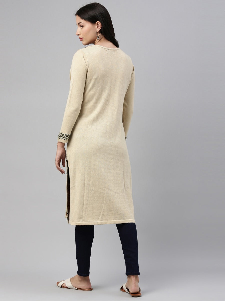 Neerus Beige acrylic woven geometric kurti - detail view 5