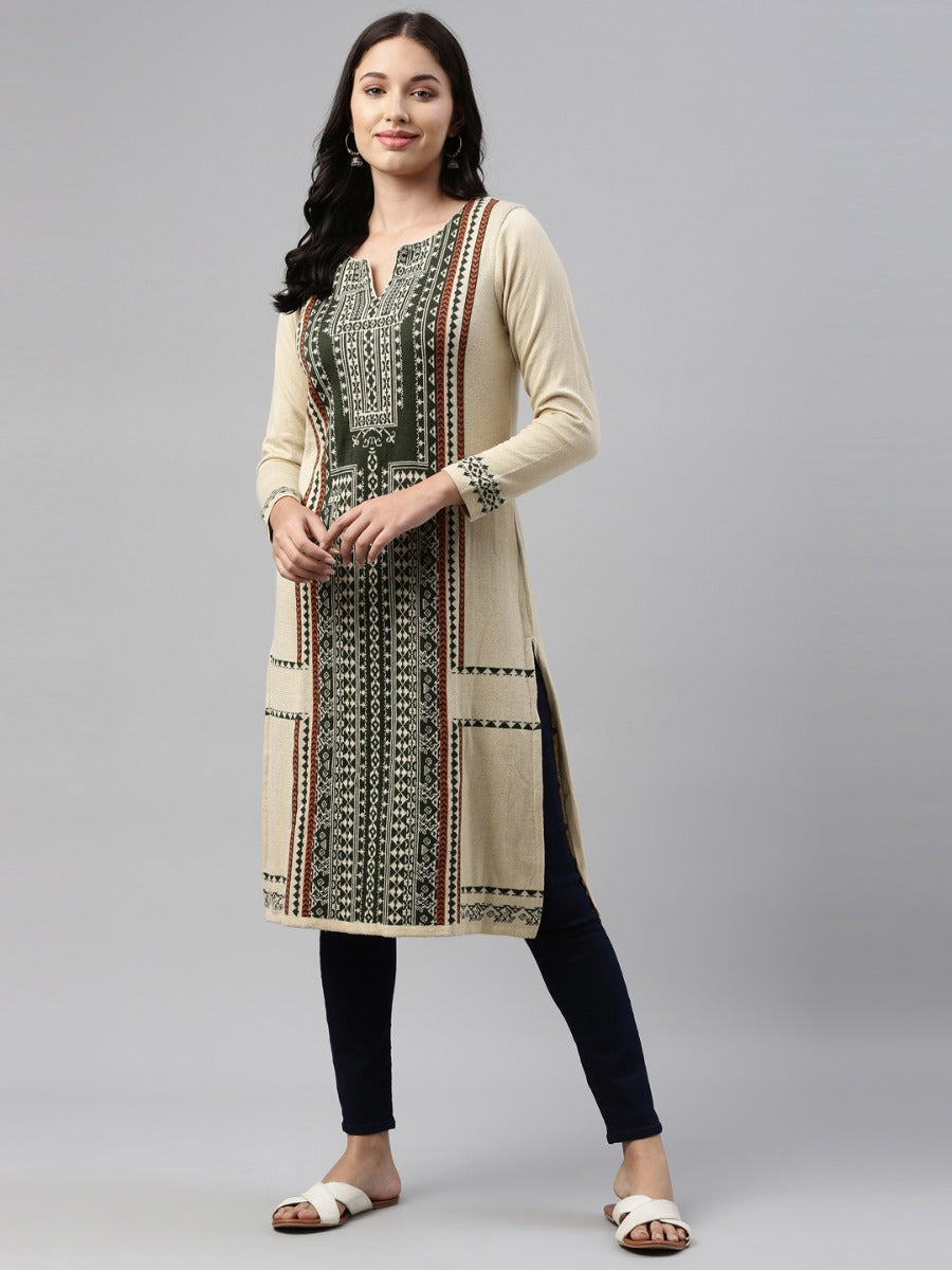 Neerus Beige acrylic woven geometric kurti - front view