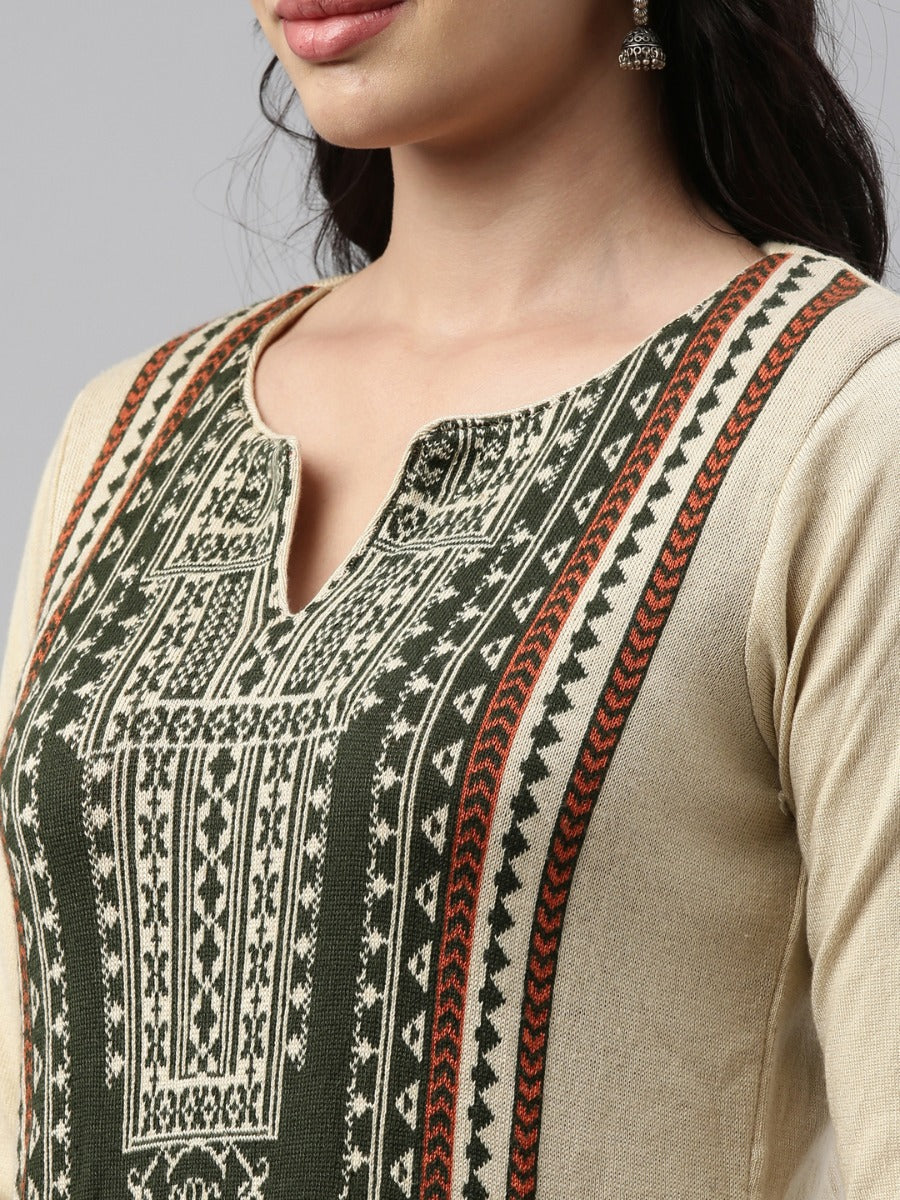 Neerus Beige acrylic woven geometric kurti - back view