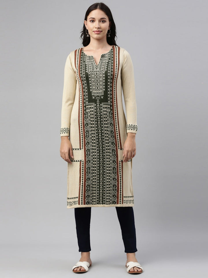 Neerus Beige acrylic woven geometric kurti - side view