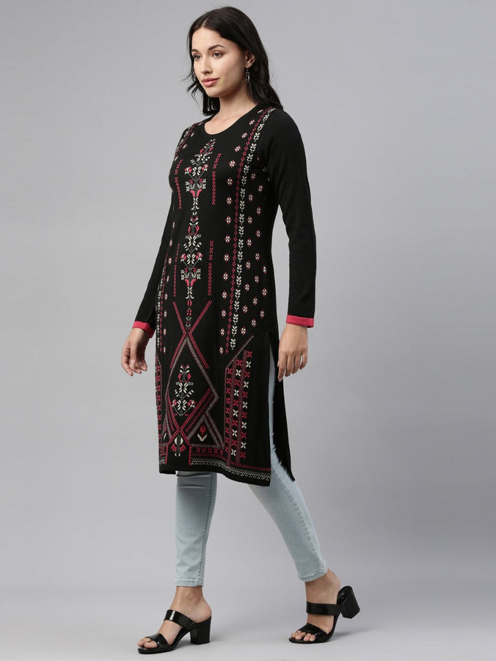 Neerus Black acrylic printed straight kurti - front view