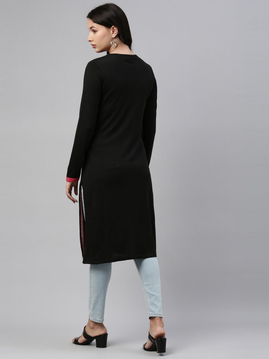 Neerus Black acrylic printed straight kurti - detail view 3