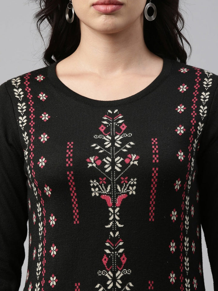 Neerus Black acrylic printed straight kurti - detail view 5