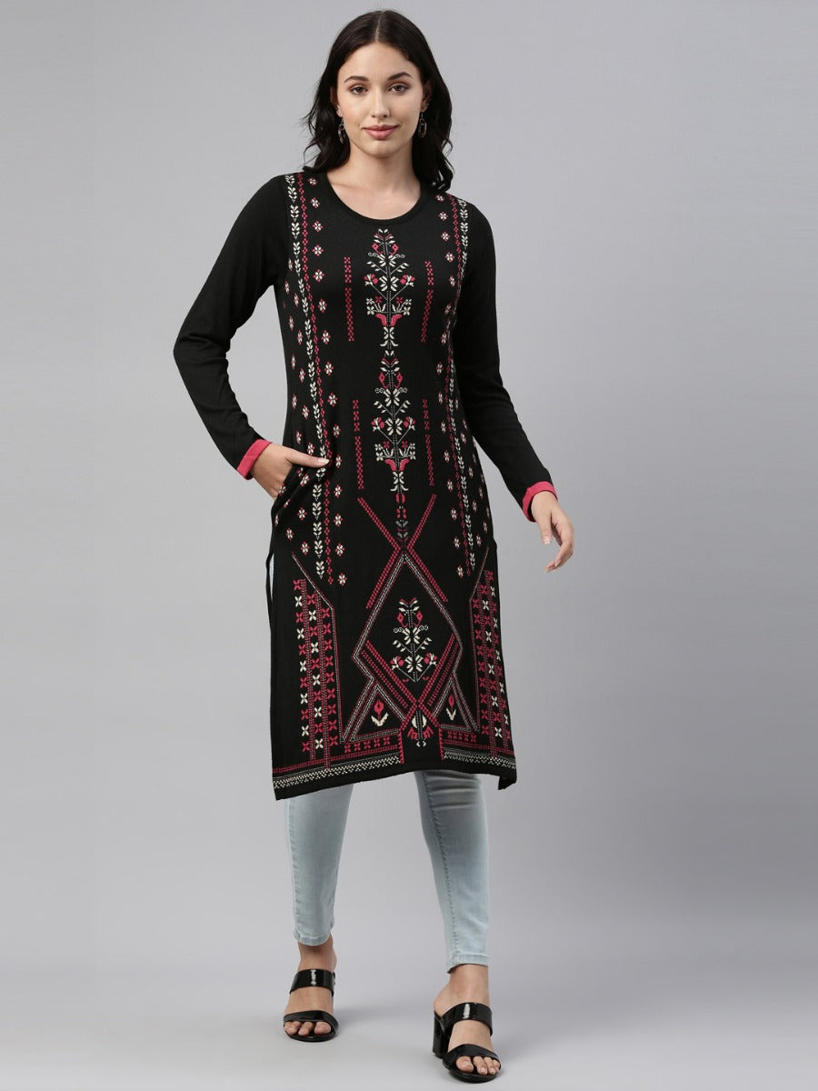 Neerus Black acrylic printed straight kurti - back view