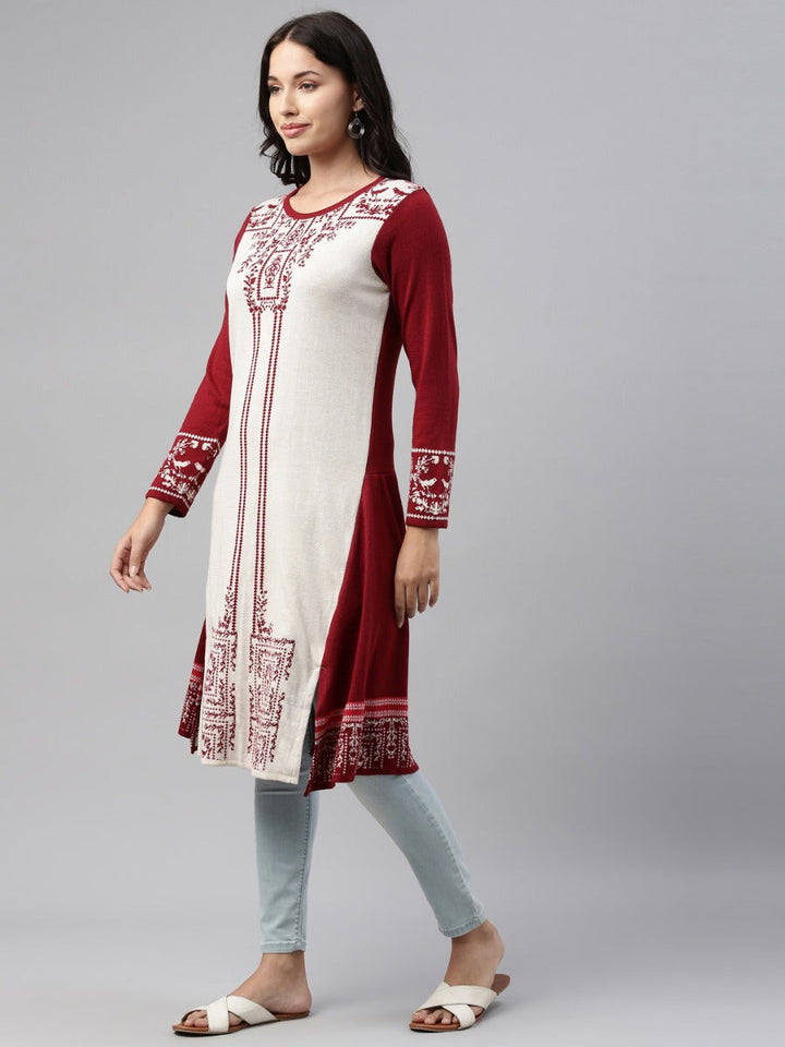 Neerus Maroon acrylic woven straight kurti - detail view 5
