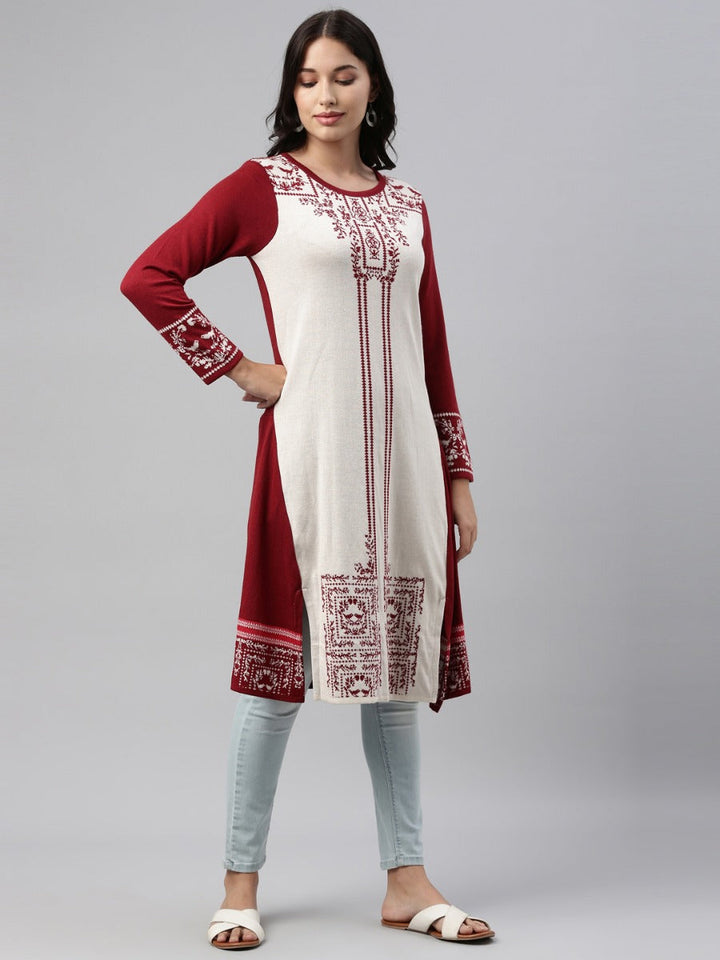 Neerus Maroon acrylic woven straight kurti - back view