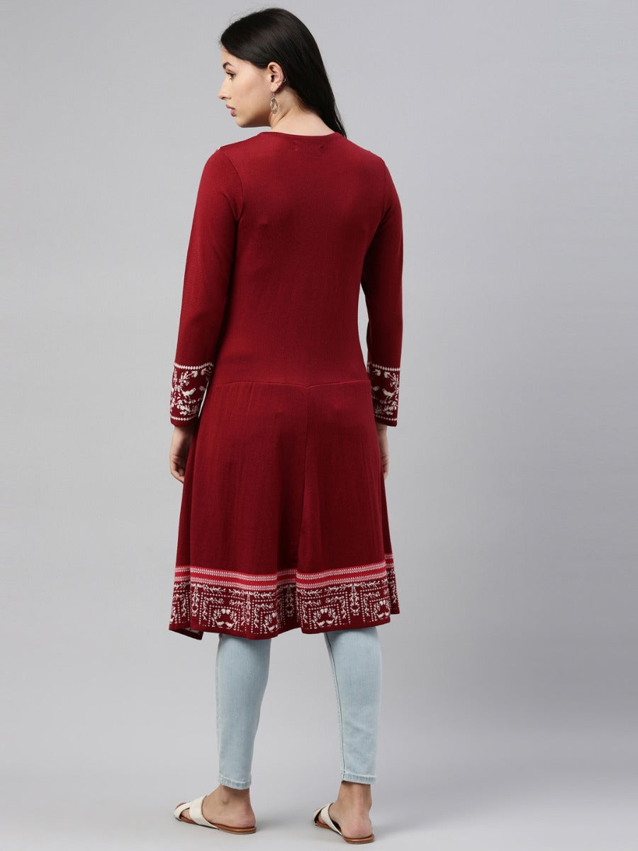 Neerus Maroon acrylic woven straight kurti - side view
