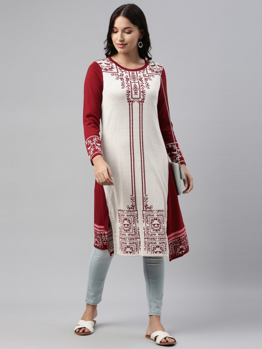Neerus Maroon acrylic woven straight kurti - front view