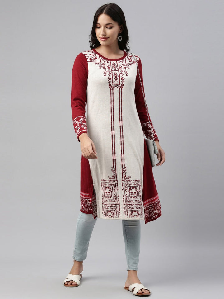 Neerus Maroon acrylic woven straight kurti - front view