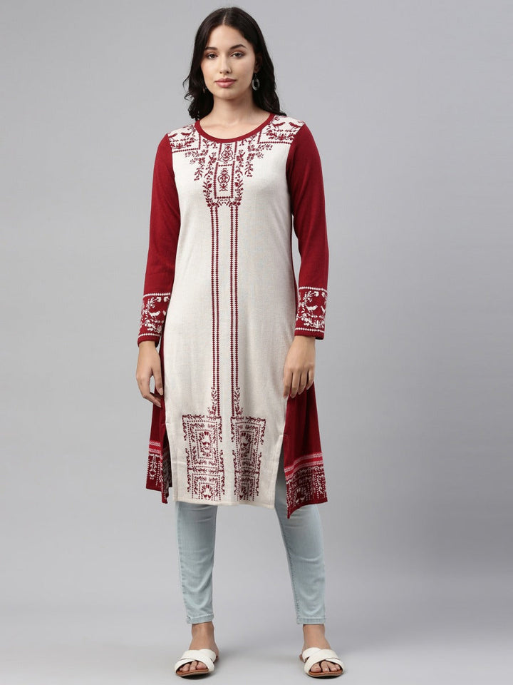 Neerus Maroon acrylic woven straight kurti - detail view 2