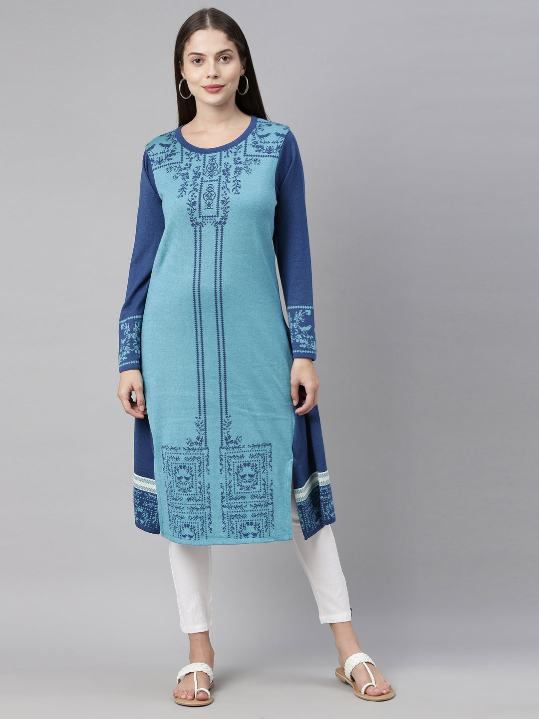 Neerus Blue acrylic printed straight kurti ethnic motifs - front view